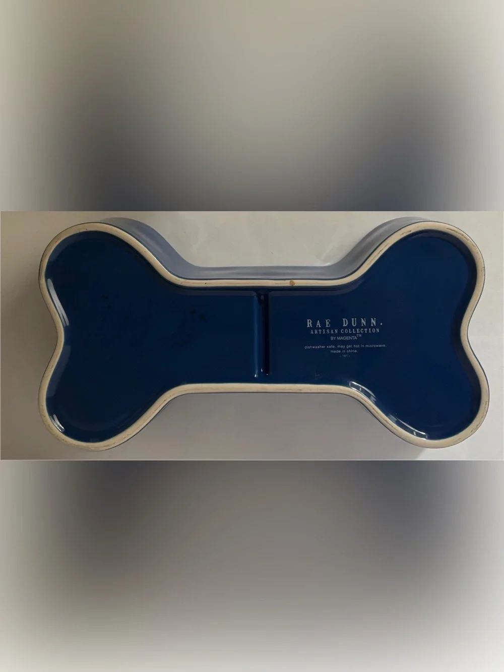 Rae Dunn patriotic pooch dog bowl bone shape ceramic blue white